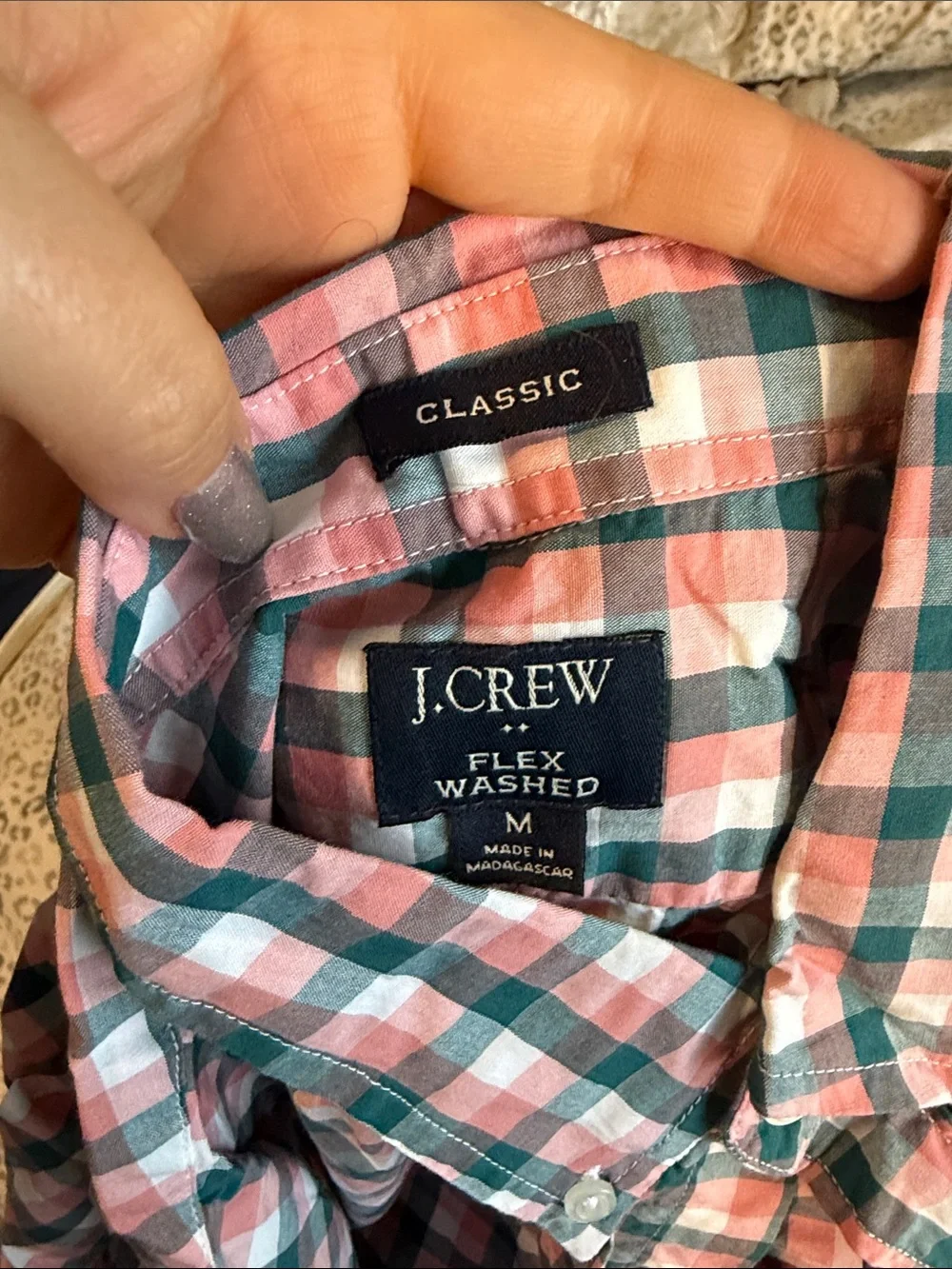 Men's J Crew Pink and Teal Plaid Button-Down Shirt - Medium